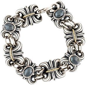LAGOS STERLING SILVER & 18K YELLOW GOLD HEMATITE FLEUR DE LIS LINK BRACELET